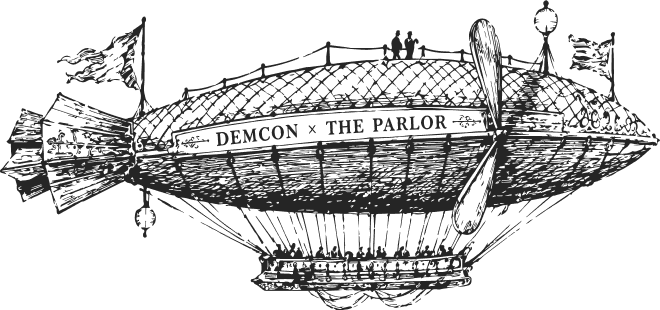 An engraved airship flying a banner reading DemCon × The Parlor.