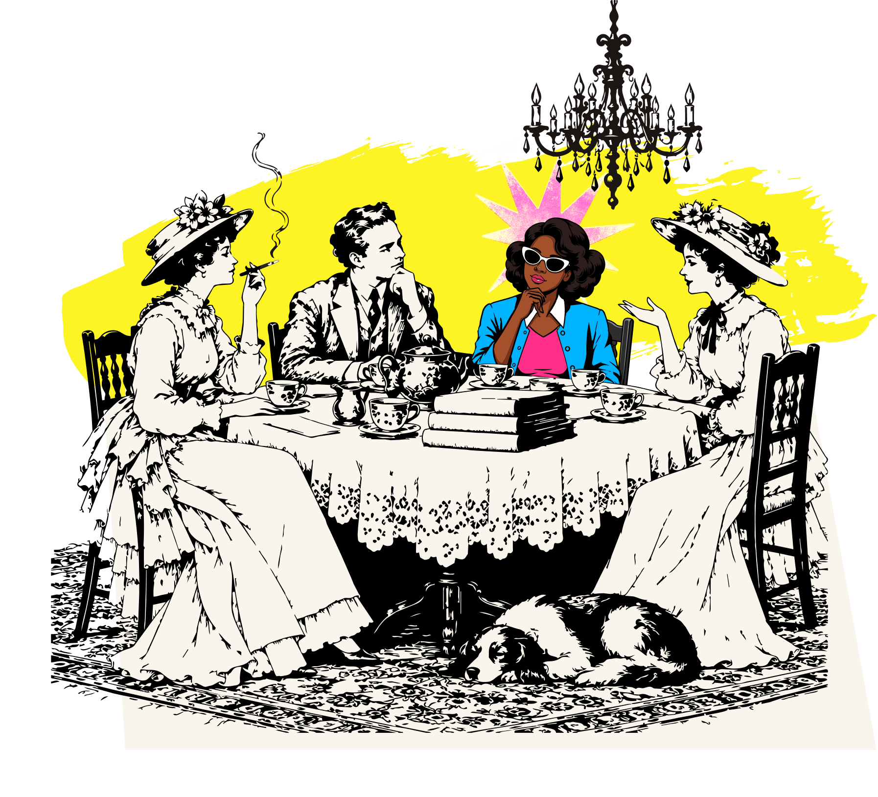 Four people around a lace-covered tea table in Victorian dress, one in a modern blue jacket and sunglasses, a dog asleep beneath the table.